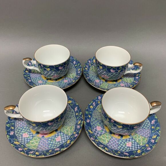 Gump's Botan Cups & Saucers 4 Sets Blue Yellow Pink Multi-color Floral Flowers - Picture 2 of 7